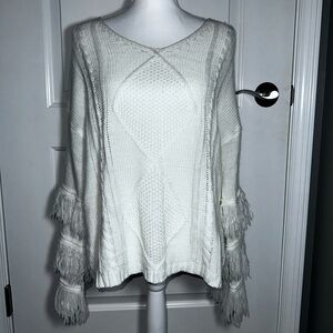 Military Hippie Ivory Fringe Knit Sweater Cottagecore Farmhouse Size L
